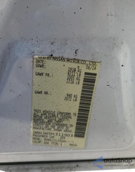 2015 Nissan Altima 2.5 from USA, damaged, VIN 1N4AL3AP3FN311903